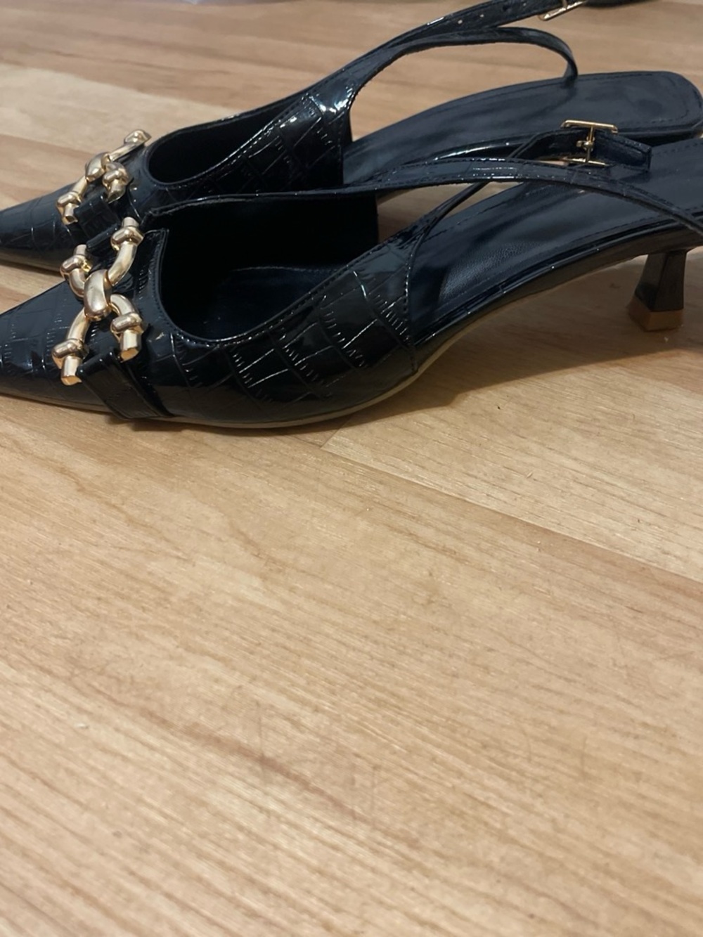 ASOS Black Patent Slingback Kitten Heels with Gold Chain